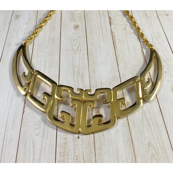 Vintage Tortolani Necklace Abstract Shiny Gold Tone Bib Designer 15.5 inches - Picture 5 of 8